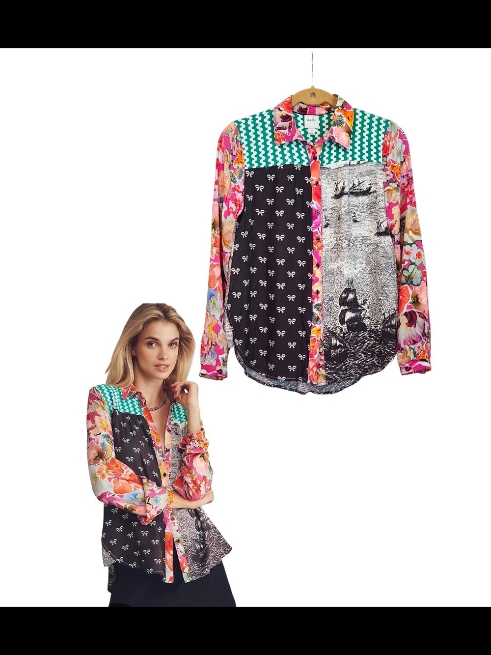 Maeve Anthropologie Paz Buttondown Nautical Bows Floral Patchwork Viscose Top XS